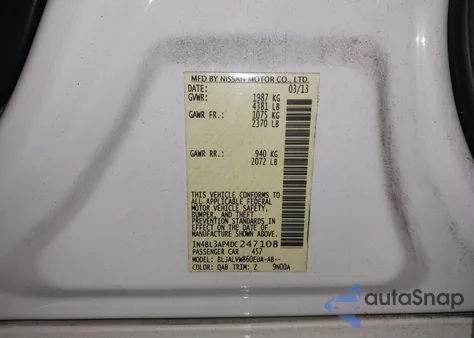 2013 Nissan Altima 3.5 Sl z USA, uszkodzony, nr VIN 1N4BL3AP4DC247108